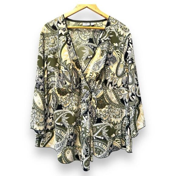 Cato Plus Size 22/24 Green paisley blouse‎ t-shirt tunic Boho Flare Sleeves - Picture 1 of 14